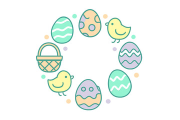 Colorful Easter eggs chicks and basket arranged in a circular pattern for holiday design