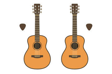 Obraz premium Two classic acoustic guitars and guitar picks isolated on a white background