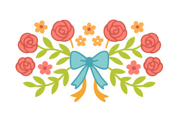 Symmetrical decorative floral arrangement with pink roses, orange blossoms, green leaves, and blue ribbon