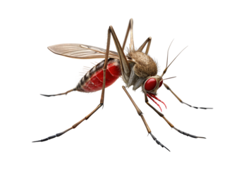 Blood-filled mosquito with extended proboscis and furry texture feeding, isolated on a transparent background