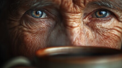 Wrinkled smiling eyes of elderly person close-up