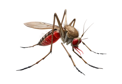 Blood-filled mosquito with extended proboscis and furry texture feeding, isolated on a transparent background