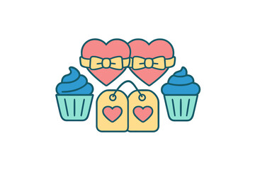 Hearts tied with bows, sweet cupcakes, and gift tags for Valentine's Day