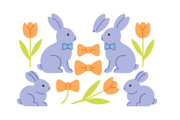 Cute purple Easter bunnies with bow ties and orange tulips for spring holiday