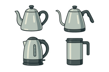 Collection of various modern and traditional kitchen kettles and coffee pots for boiling water