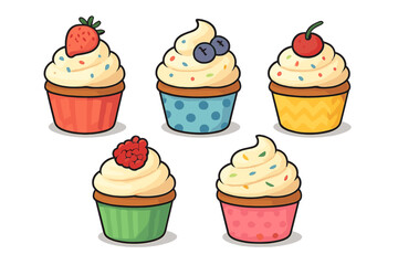 Set of five colorful cupcakes with creamy frosting and fruit toppings like strawberry and cherry