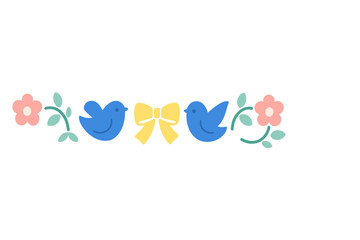 Cute decorative border with blue birds, bright yellow bow, and pink spring flowers