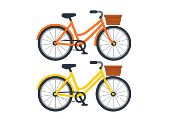 Colorful city bicycles with front baskets for urban commuting and leisure