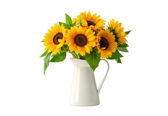 Obraz premium Fresh sunflowers arranged in white ceramic pitcher with green leaves, isolated on a transparent background