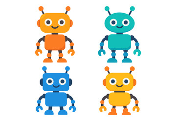 Obraz premium Four colorful friendly cartoon robot characters with antennae and smiling faces