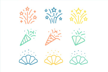 Colorful celebration elements featuring fireworks, party poppers, and decorative fans