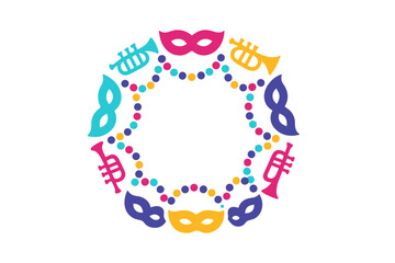 Colorful Mardi Gras carnival frame border with masks, trumpets, and festive beads