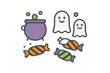 Cute smiling ghosts, bubbling cauldron, and wrapped candy for Halloween design