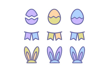 Obraz na płótnie Canvas Colorful Easter holiday icons set featuring decorated eggs bunny ears and festive flags