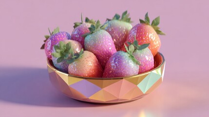 Low poly strawberries in ceramic bowl pastel