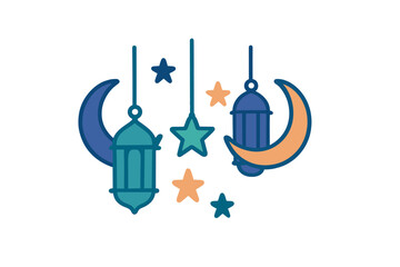 Traditional Arabic lanterns hanging with crescent moons and stars for religious celebration