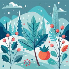 Cozy winter cabin in a snowy landscape, glowing windows, pine trees, mountains, moonlit night sky, falling snow, colorful vector illustration