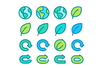 Ecology and environment symbols featuring Earth globe, green leaves, and recycling arrows