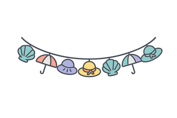 Decorative string of summer vacation icons including hats umbrellas and shells