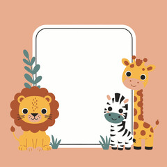 Cute cartoon safari animals frame with lion, zebra, and giraffe on a peach background, perfect for kids' invitations or baby shower designs.