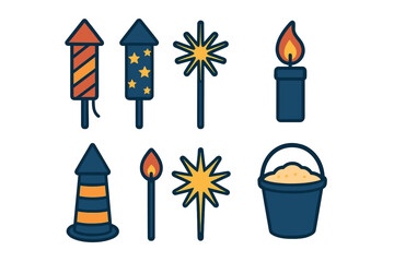 Collection of fireworks rockets, sparklers, burning candle, and safety sand bucket
