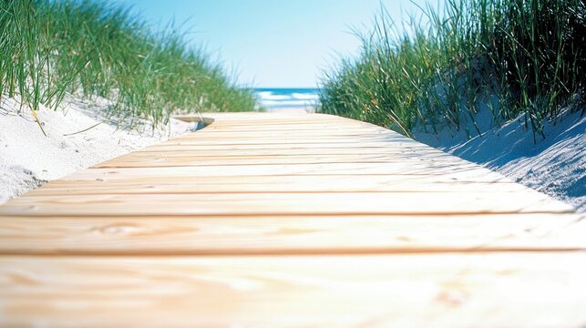 A low-angle, close-up view of a light-colored wooden boardwalk curving through white sand dunes covered with green grass. The ocean and clear blue sky are visib