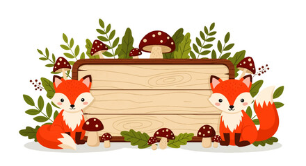 Fototapeta premium Cute Foxes and Mushrooms Wooden Signboard with Transparent Background