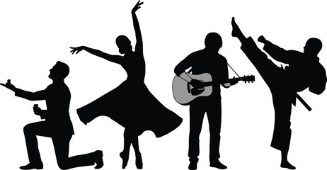 Silhouette vector illustration of dramatic pose, ballet dancer, guitarist performance, and martial arts kick in expressive black and white style