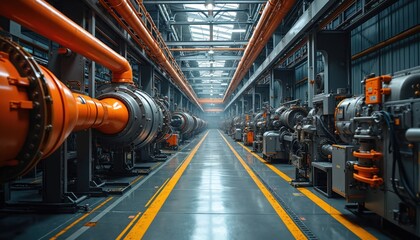 Obraz premium Clean modern factory interior with rows of heavy machinery and large pipes. Industrial equipment lines a long hallway with yellow safety markings on the floor. Automated production facility.