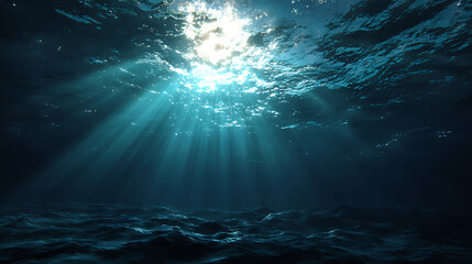 Obraz premium Deep ocean blue light rays shining through water surface underwater