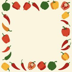 A colorful border frame made of various types of whole and sliced peppers on a light background.