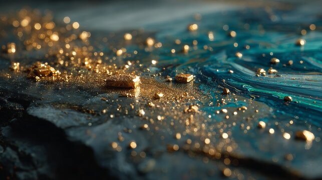 Swirling gold leaf flecks in turquoise abstract - Powered by Adobe