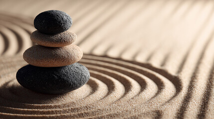 Minimal zen garden with smooth stones and calming soft light. Sand zen garden with smooth stones, gentle shadows, soft diffused lgith, meditative minimal composition, calming visual balance.