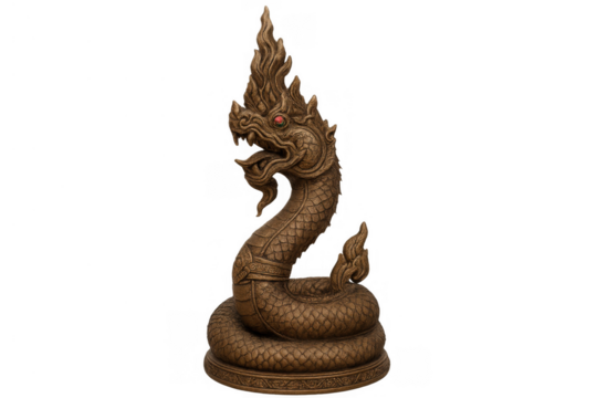 Naga serpent dragon deity statue on transparent background, symbolizing protection and buddhism in thai culture