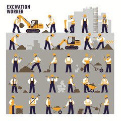 Detailed set of flat design illustrations showing construction workers engaged in excavation and building activities with various tools and machinery.