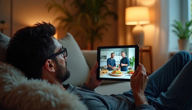 Man with glasses watches cooking tutorial on tablet from couch. He learns new recipes online from home. Relaxed indoor leisure time spent with digital learning and culinary content. - Powered by Adobe