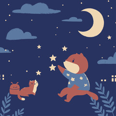 A whimsical cartoon illustration of a fox-like animal in pajamas reaching for stars with a cat-like friend under a crescent moon at night.