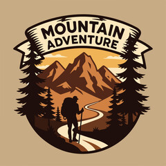 Vintage logo badge of man trail hiking mountain pine tree forest and lake river with backpack. Rustic outdoor retro old emblem editable vector illustration