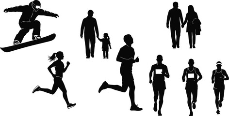 Silhouette vector set of active people including runners, snowboarder, family walking, couple strolling, and fitness lifestyle in outdoor movement scene