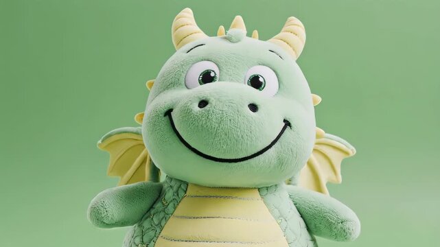 Adorable plush dragon on a pastel green background with sparkles
