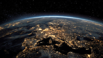 Earths glowing cities from space at night with stars lights