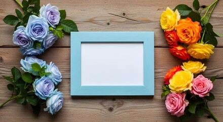 A flat lay composition featuring a light blue rectangular picture frame on a distressed wooden surface. The frame has a white interior. On the left, pale blue and lilac roses with green foliage adorn 