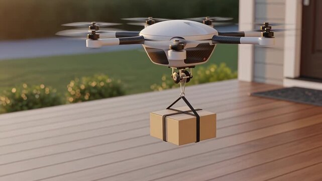 Futuristic white delivery drone picking up cardboard box package from house porch to return it