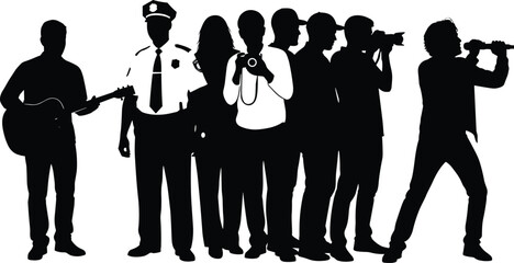 Silhouette vector set of diverse professionals including musicians, police, photographers, reporters, and filmmakers in creative media and public service roles