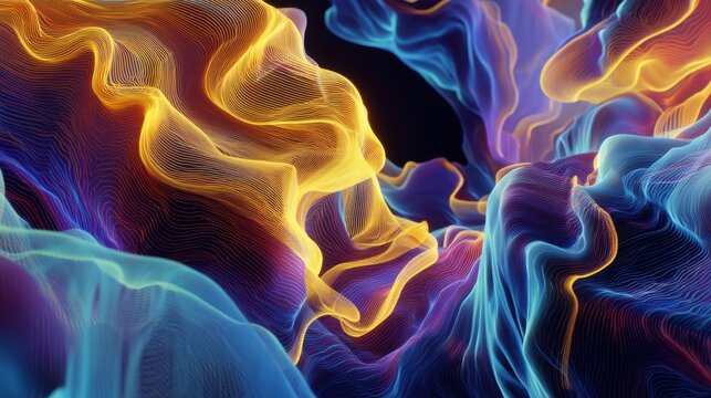 Colorful abstract waves flowing in vibrant hues of blue, purple, and orange with smooth, dynamic contours on a dark background