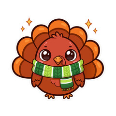 Obraz premium Adorable cartoon turkey wearing a cozy green scarf, ready for holiday celebrations with sparkling charm
