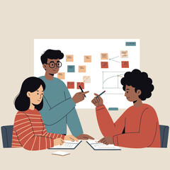 Three diverse colleagues collaborating on a project, brainstorming ideas and planning strategies in a modern office setting.