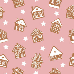 Seamless pattern of cute Christmas gingerbread houses and white stars.