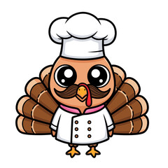 Adorable Cartoon Turkey Chef Character with Big Eyes and Mustache, Ready for Festive Culinary Celebrations