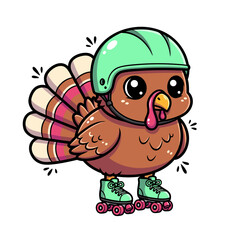 Adorable cartoon turkey character happily roller skating with a bright helmet, a cheerful vector illustration